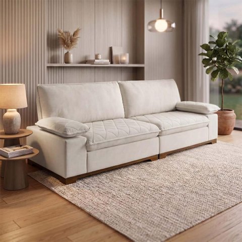 Sofá Living Siberian 2,50m Bouclê Off White Braço Reclinável - King House