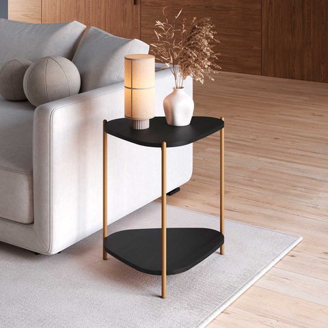 Mesa Lateral de Apoio Orgânica Artesano 45 Cm (largura) em Mdp Nero (preto) e Pés em Aço Dourado