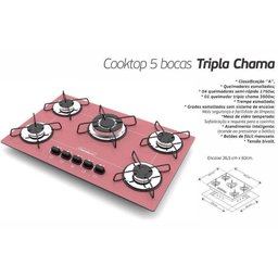 Cooktop Tripla Chama 5 Bocas Bivolt Rosa Chamalux - 2