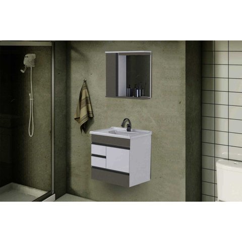 Conjunto Gabinete de Banheiro Suspenso 2 Gavetas e 1 Gavetão com Espelheira e Cuba Branco/Gianduia
