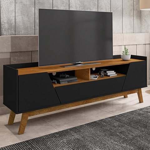 Rack Sala Florença para Tv até 70 Polegadas com Pés Madeira Preto Fosco/naturale