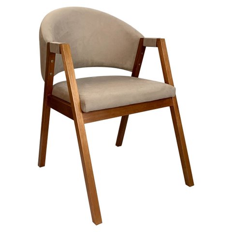 Cadeira de Jantar em Madeira Maciça Amêndoa Ravena Estofada Suede Bege Ccs