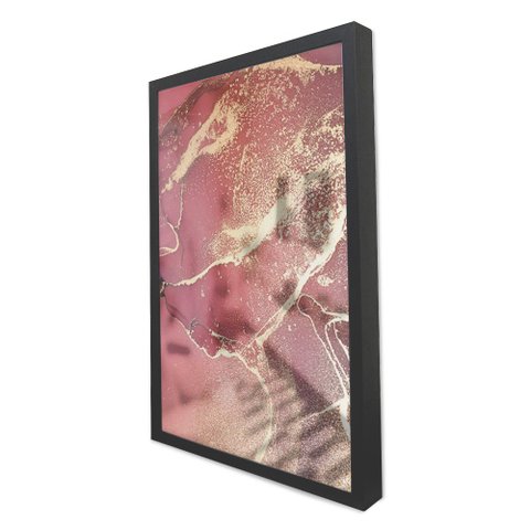 Quadro Decorativo Caixa Alta com Vidro Abstrato Mármore Rosa Perolado TaColado Moldura Preta 120 x 8