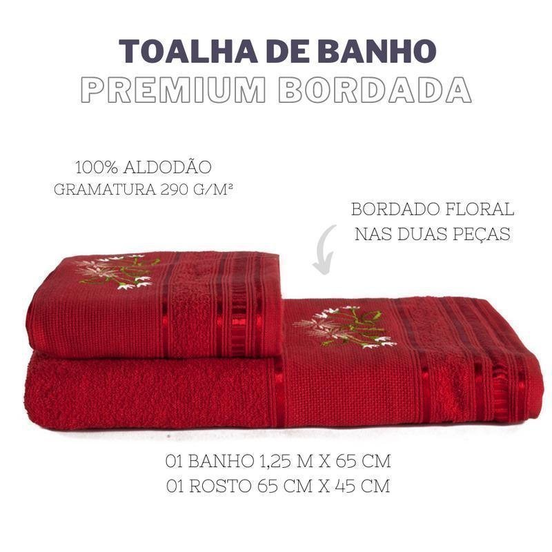 Jogo De Toalha De Banho 2 Pçs Premium Bordada Vermelho Real - 3