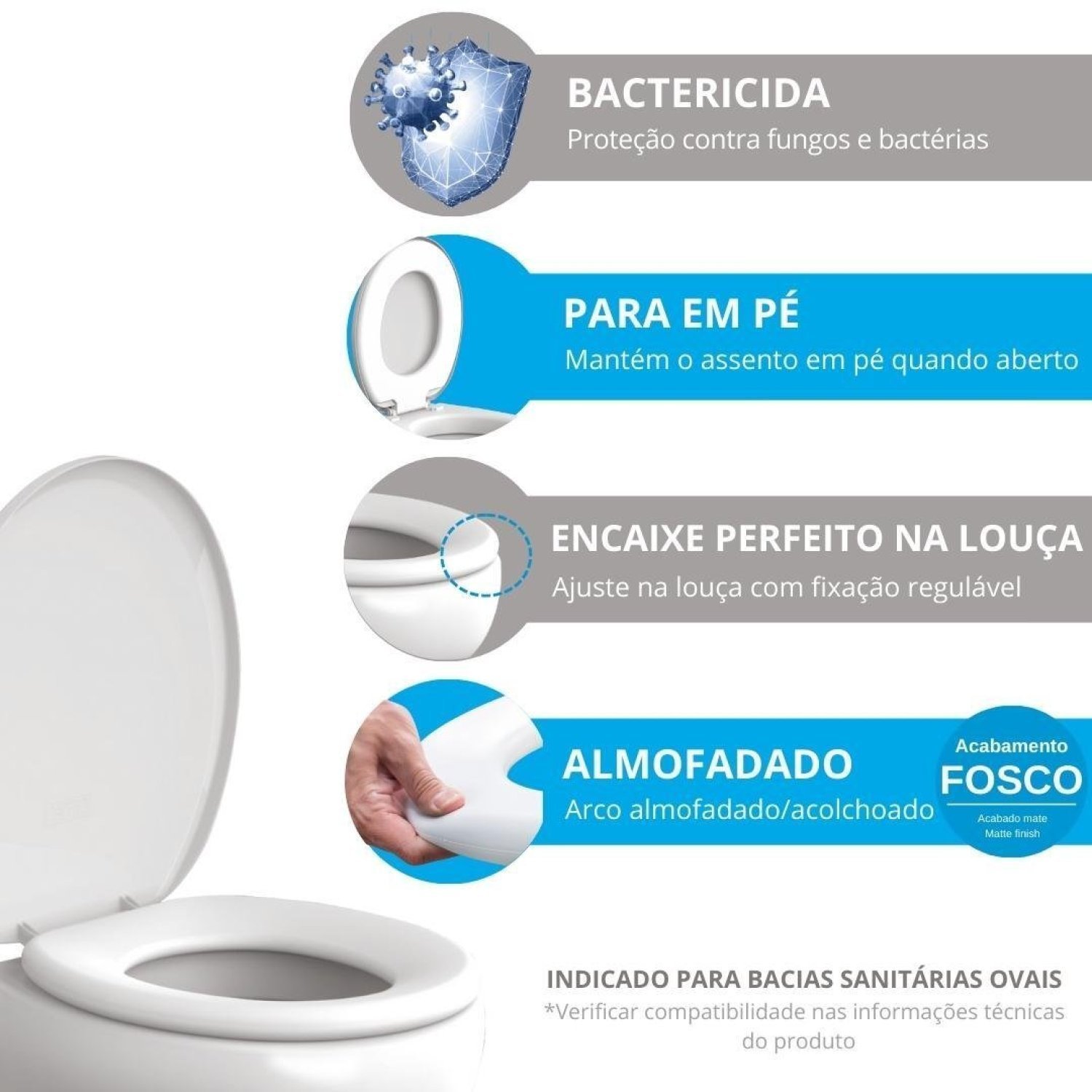 Assento Sanitário Oval Almofadado com Tampo Fosco Astra Branco - 7