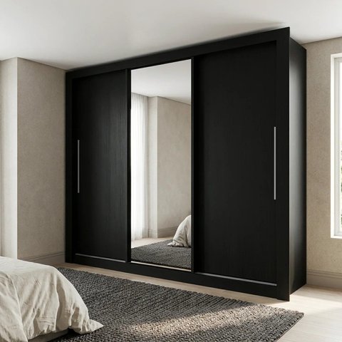 Guarda-Roupa Casal com Espelho MDF 3 Portas de Correr 4 Gavetas Milão Preto