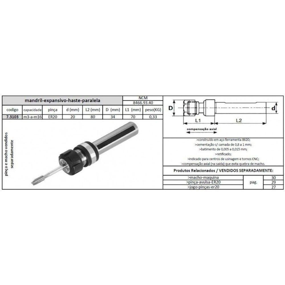 Mandril Expansivo M3 a M16 Er20 Haste 20x80 Mm - Jg Tools - 2