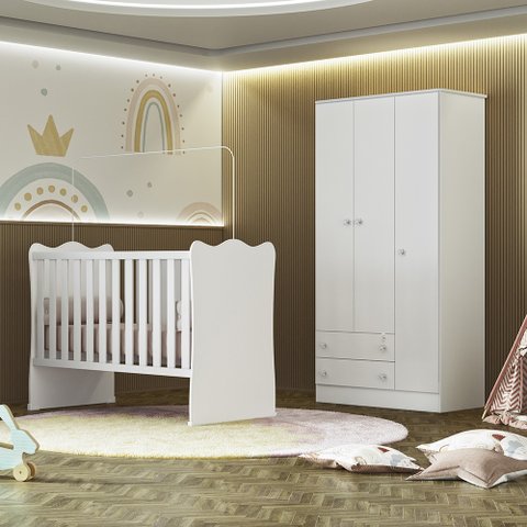Quarto de Bebê Doce Sonho com Roupeiro 2617 e Berço Simples 1 Qmovi Branco + Colchão Gazin