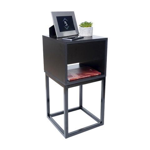 Mesa de Cabeceira Industrial 30cm Preto Gaveta e Nicho Pés Ferro Preta para Quarto Cama