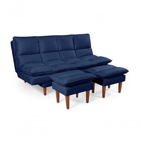 Sofá Cama Andorra 3 Lugares Império Reclinável Casal Pés Madeira com Banqueta Suede Azul Marinho