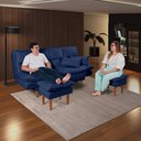 Ver imagem 2 de Sofá Cama Andorra 3 Lugares Império Reclinável Casal Pés Madeira com Banqueta Suede Azul Marinho