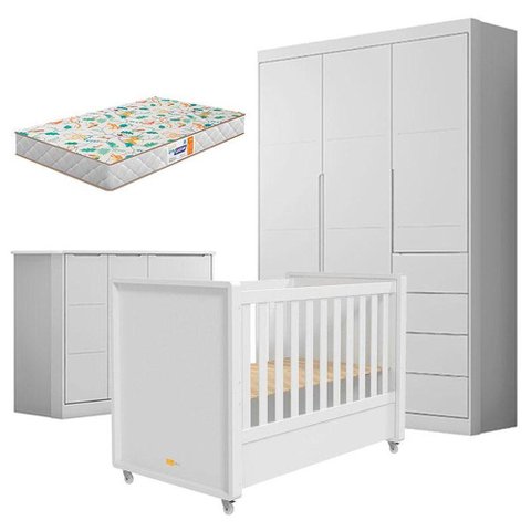 Quarto de Bebê Eloá com Berço Americano Tutto New Branco Acetinado e Colchão Gazin - Phoenix