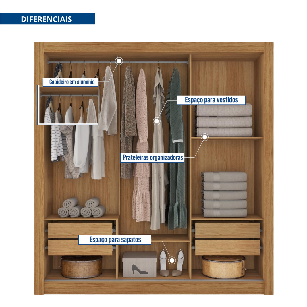 Guarda Roupa Casal com Espelhos 3 Portas 4 Gavetas Quito Espresso Móveis - 6