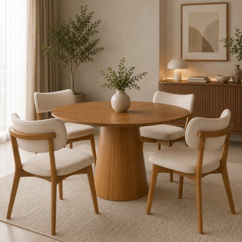 Conjunto Sala de Jantar Moderno Estofado 4 Cadeiras Linho Carina Mesa Redonda Austrália