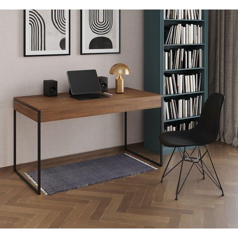 Escrivaninha Industrial Escritório Malta Amêndoa 137X53Cm Com 1 Cadeira Preta Base Ferr Cor: