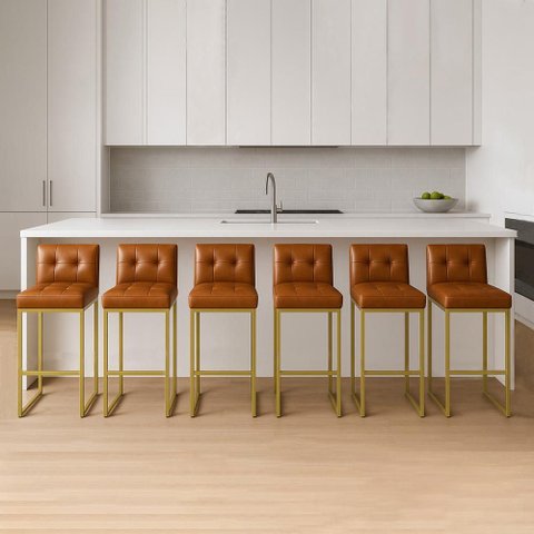 Banqueta Cozinha Alta com Encosto Industrial Kit 6 Dourado Lirina Pu Whisky C05 - D'Rossi