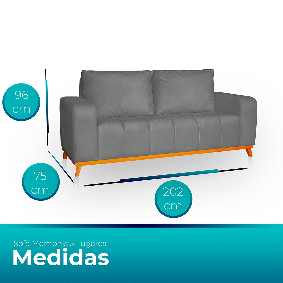 Sofá 3 Lugares Memphis Ultra Conforto em Madeira Maciça e Suede Cinza - Jylcrom Jylcrom Store Sofá 3 - 7