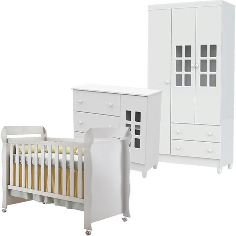 Quarto de Bebê Mariah 3p com Berço Mirelle Branco Brilho - Carolina
