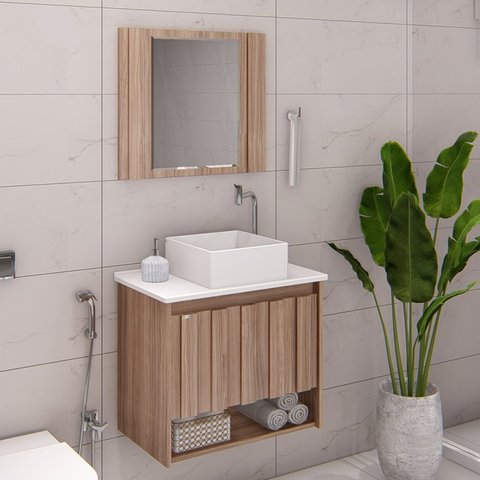 Conjunto de Banheiro Gabinete Suspenso Ripado 1 Gaveta Interna com Espelheira e Cuba Treviso