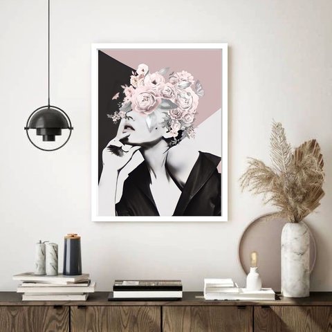 Quadro Decorativo Surrealismo Mulher Flores - 70x50cm:moldura Preta