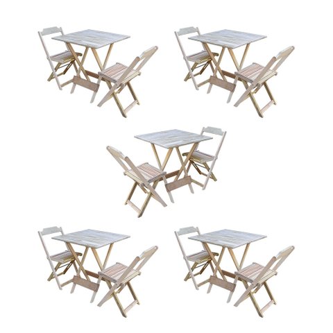 Kit 5 Conjuntos de Mesa Dobravel com 2 Cadeiras de Madeira 70x70 para Restaurante e Bar - sem Pintur