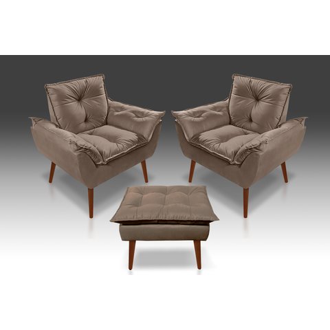 Kit 02 Poltrona Opala + 01 Puff Opala C/Fibra Siliconada Suede Capuccino - Tucanos Estofados