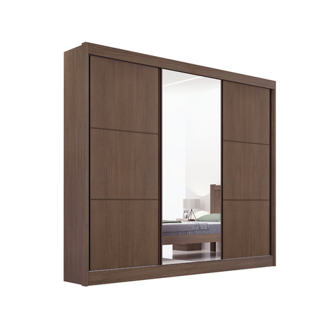 Guarda Roupa Mdf Cristal 3 Portas com Espelho Castanho