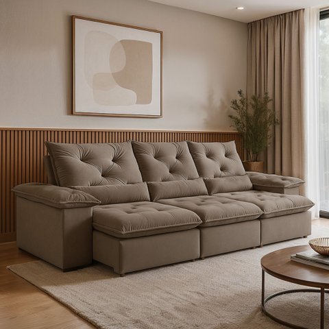 Sofá Retrátil e Reclinável 4 Lugares 2,70m Suede Bege Londres Classico 