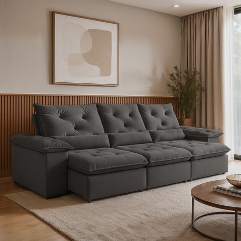 Sofá Retrátil e Reclinável 4 Lugares Suede Cinza Londres Classico
