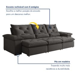 Sofá Retrátil e Reclinável 4 Lugares 270cm Londres Plus - 4