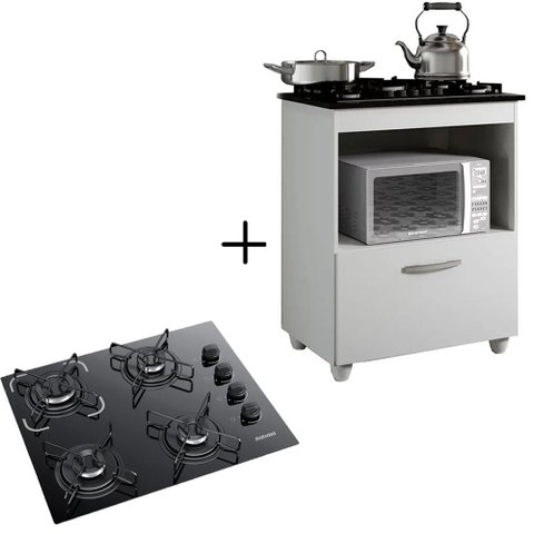 Kit Balcão Salvia Kaiki Mais Cooktop Fogão Itatiaia Essencial 4 Bocas Bivolt Preto