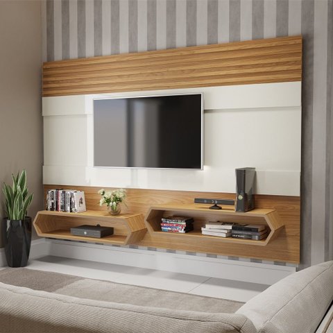 Painel Pa22 para Tv até 65 Polegadas 02 Nichos 220cm Ripado Off White Freijó Dalla Costa