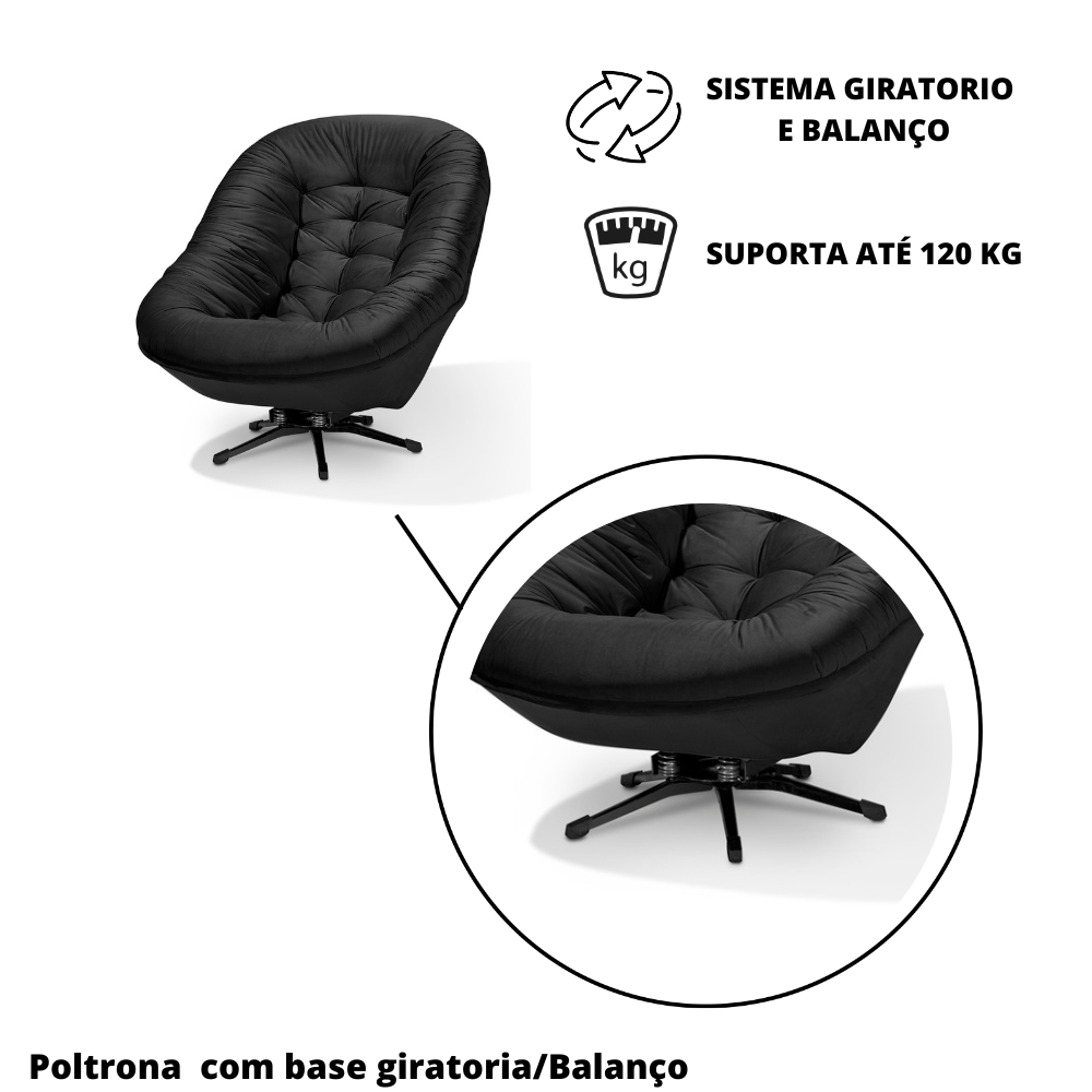 Cadeira Do Papai Base Giratória e Balanço Grande Confortavel Veludo Preto - 2