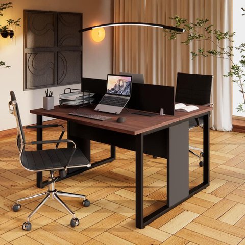 Plataforma Dupla 1,20 m X 1,20 m com Divisória e Caixas de Tomadas Pés Metal F5 Office Cor:Louro