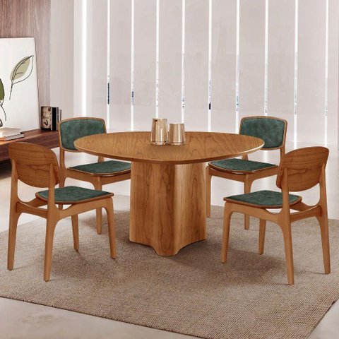 Mesa 135cm Laminado com 4 Cadeiras Malta Moderna Jade / Imbuia Nat.