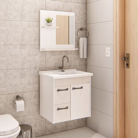 Conjunto de Banheiro Gabinete Suspenso 2 Gavetas com Espelheira e Cuba Gênova Branco/Off White