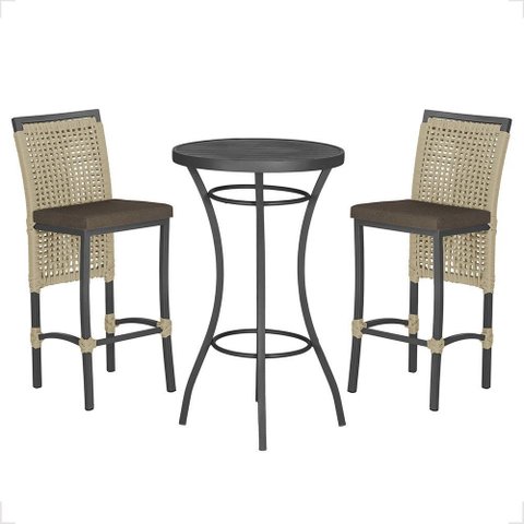 Mesa Bistrô e 2 Banquetas Roma Preta Corda Náutica Estofado 9 Trama Original