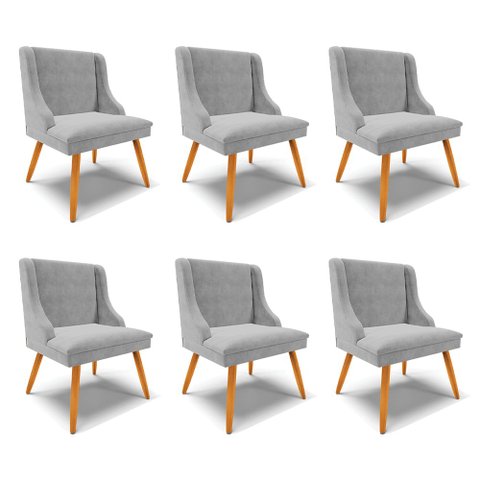 Kit 6 Cadeiras Decorativas Sala de Jantar Pés Palito de Madeira Firenze Suede Cinza/Natural G19 - Gr