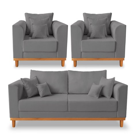 Kit Sofá 3 Lugares e 2 Poltronas Beny Viena para Recepção Suede Cinza - Madeira Prima Deccor