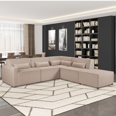 Sofá de Canto 4 Lugares com Puff 284cm Linho Lutz Yescasa Bege Cru