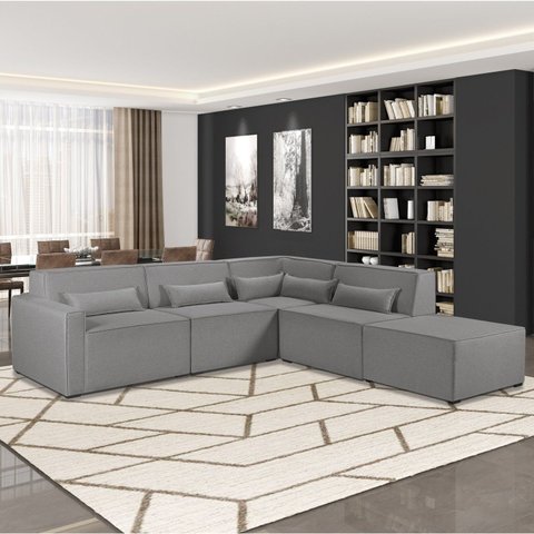 Sofá de Canto 4 Lugares com Puff 284cm Linho Lutz Yescasa Cinza
