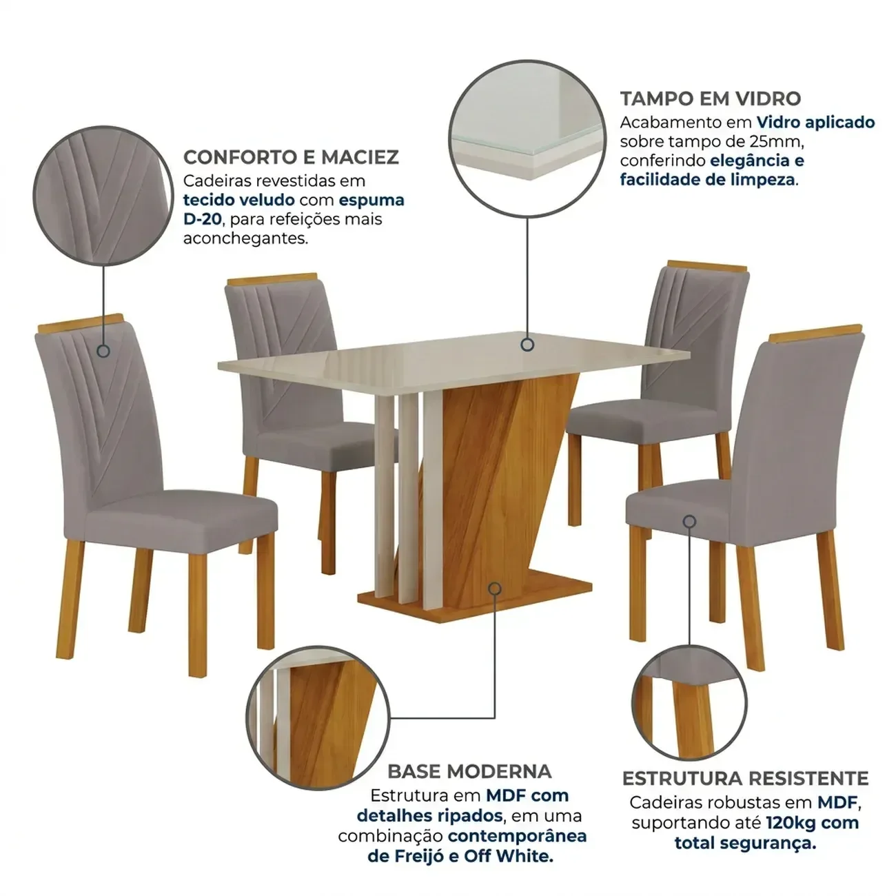 Ver imagem 6 de Conjunto Sala de Jantar Mesa 4 Cadeiras Vidro MDF Miami Yescasa Freijó Off White Prata
