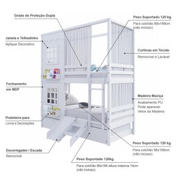 Treliche Casinha Reta com 02 Janelas Escorregador e Cortina Madeira Maciça Branco Housin - 3
