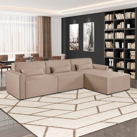 Sofá 3 Lugares com Puff 298 cm Lutz Linho Yescasa Bege Creme