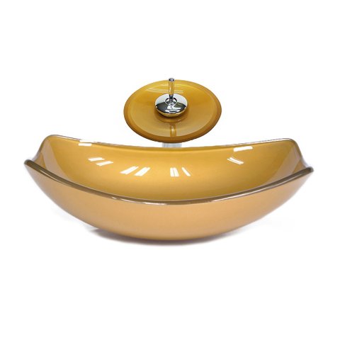 CUBA DE VIDRO OVAL CHANFRADA 51CM DOURADO REAL + VALVULA + TORNEIRA CASCATA