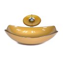 Ver imagem 1 de CUBA DE VIDRO OVAL CHANFRADA 51CM DOURADO REAL + VALVULA + TORNEIRA CASCATA