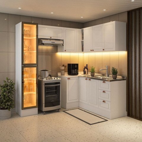 Cozinha 6 Peças em L com Rodapé e Cristaleira com LED Pérola Yescasa