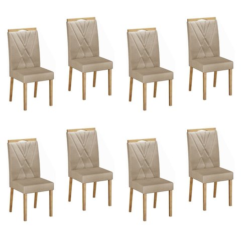 Kit de 8 Cadeiras para Sala de Jantar Pés em Madeira Maciça Lara Bege/Cinamomo/Veludo
