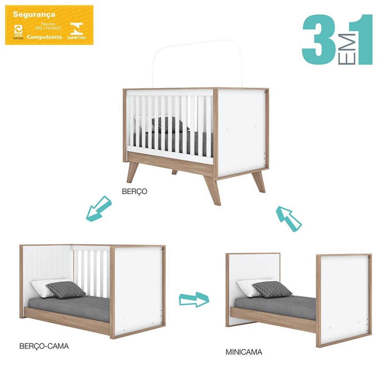Quarto de Bebê Completo Berço 3 em 1 com Guarda Roupa 4 Portas e Cômoda Retrô Theo Espresso Móveis - 8