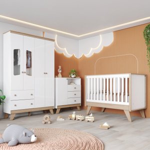 Quarto de Bebê Completo Berço 3 em 1 com Guarda Roupa 4 Portas e Cômoda Retrô Theo Espresso Móveis
